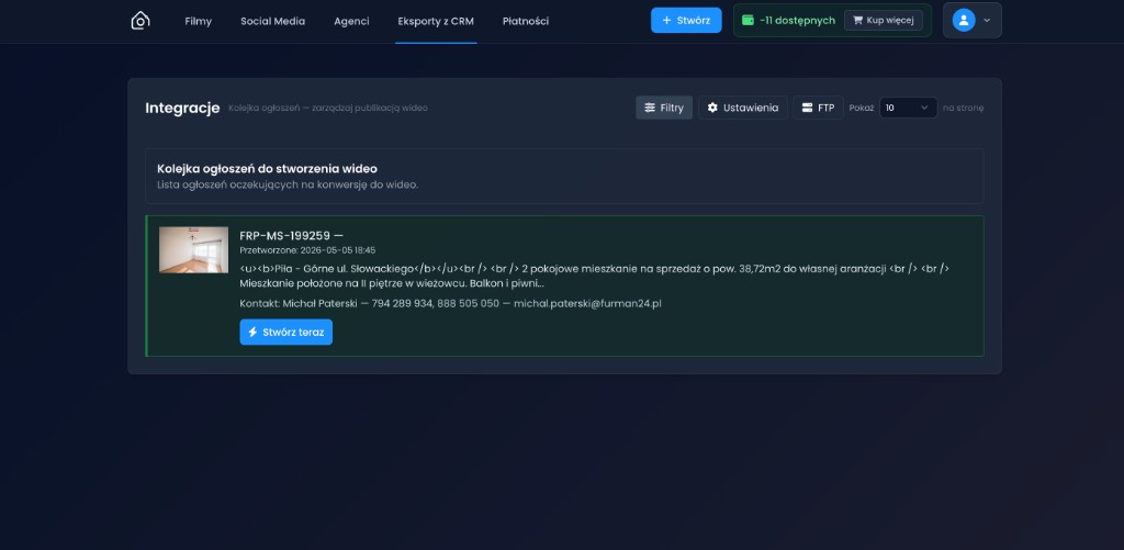 Panel Integracje w AgentReels — kolejka ogłoszeń z eksportu CRM oczekujących na stworzenie wideo