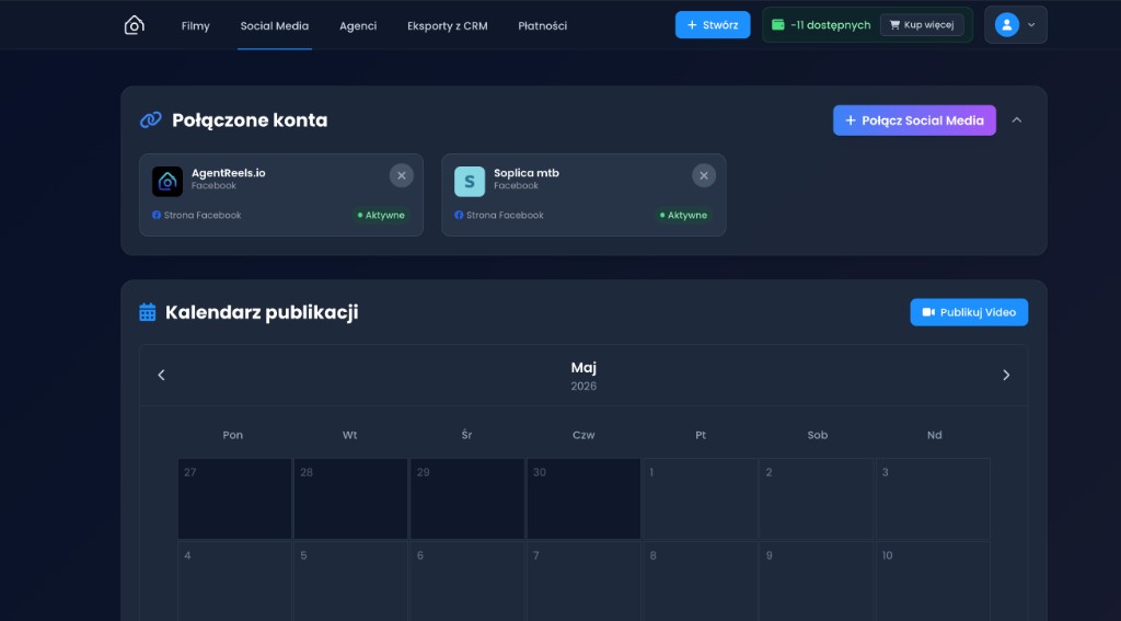 Social Media w AgentReels — połączone konta i kalendarz publikacji