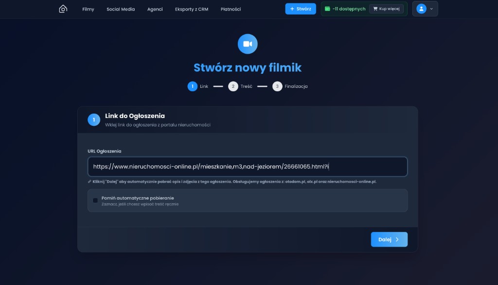 AgentReels krok 1 — wklejenie linku do ogłoszenia z OtoDom, OLX lub Nieruchomości Online
