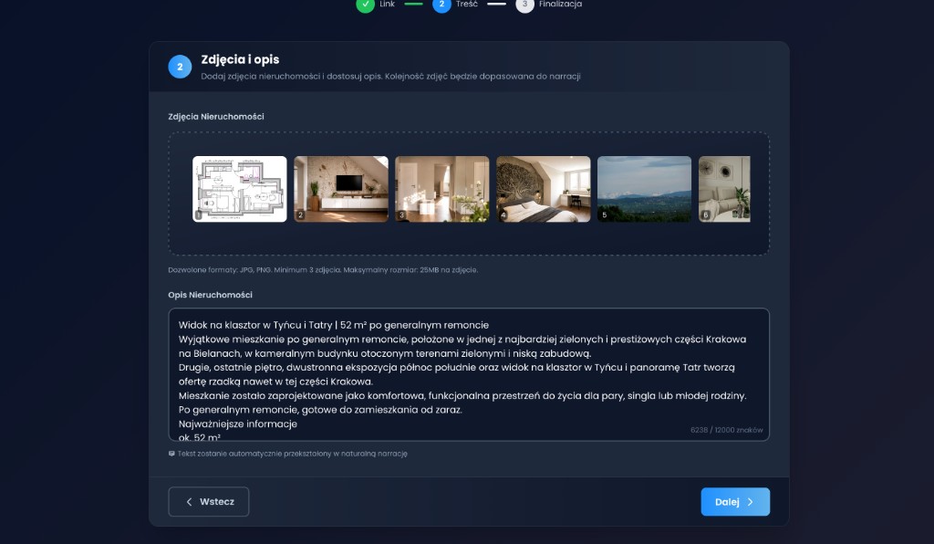 AgentReels krok 2 — zdjęcia nieruchomości i edycja opisu pod narrację lektora