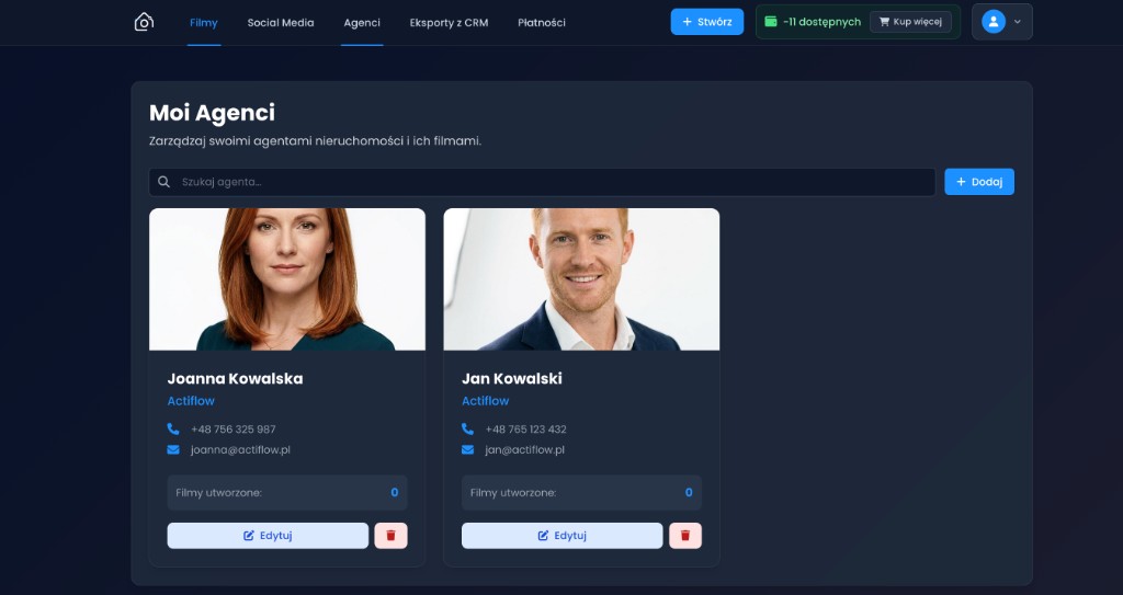 Panel Moi Agenci w AgentReels — lista agentów nieruchomości, wizytówki, kontakt i liczba utworzonych filmów