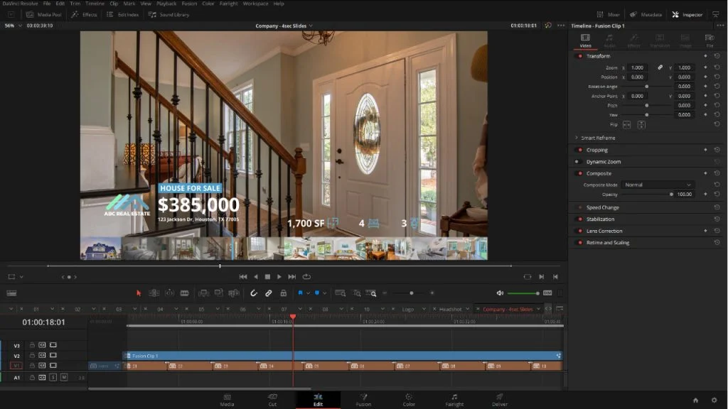 DaVinci Resolve — ręczny montaż wideo z ogłoszenia nieruchomości: timeline, warstwy, napisy i korekta klipów